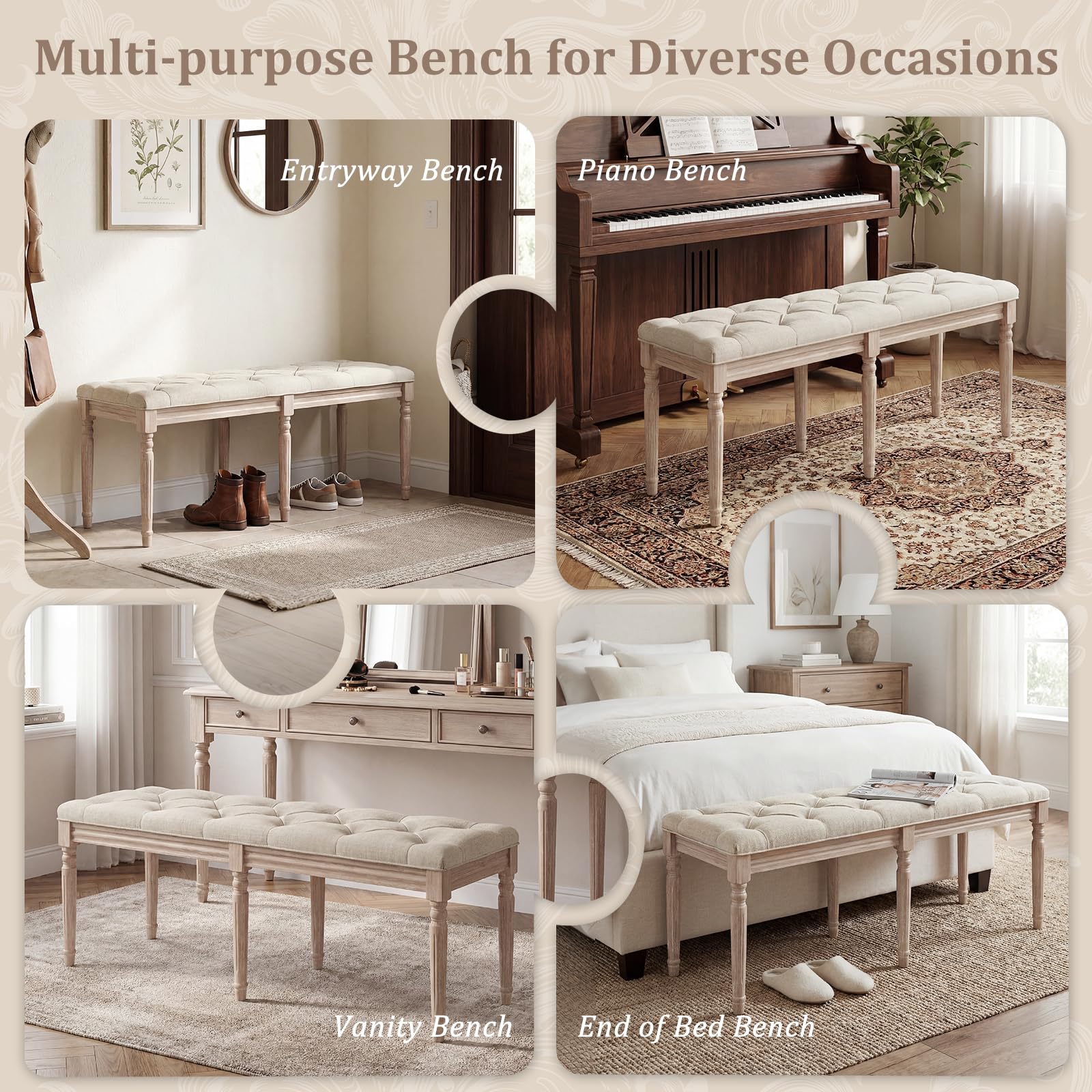 Giantex 47.5-inches Upholstered Dining Bench, Button-Tufted Table Bench with Carved Rubber Wood Legs, Padded Seat, Load 440Lbs, Vintage End of Bed Ottoman for Entryway, Living Room, Bedroom (1,Beige)