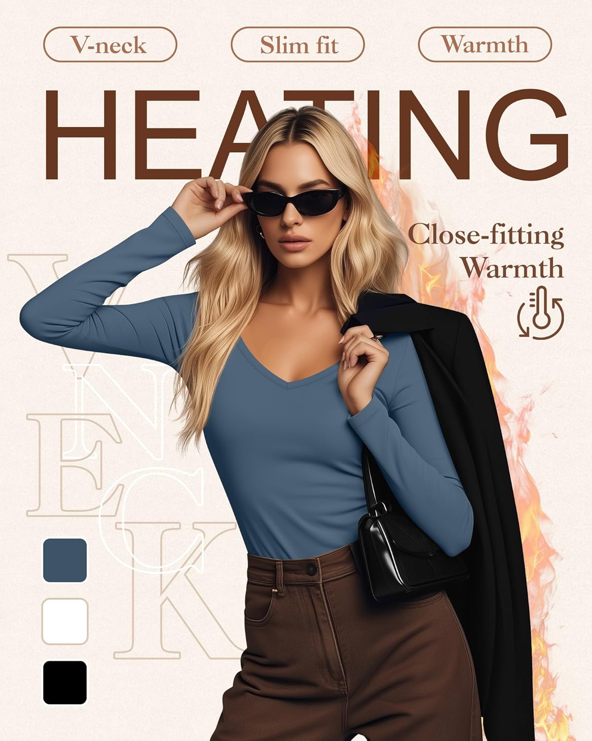 3 Pack Women's Thermal Shirts Long Sleeve V Neck Fleece Lined Undershirts Slim Fit Basic Tops Fall Winter Clothes - Image 3