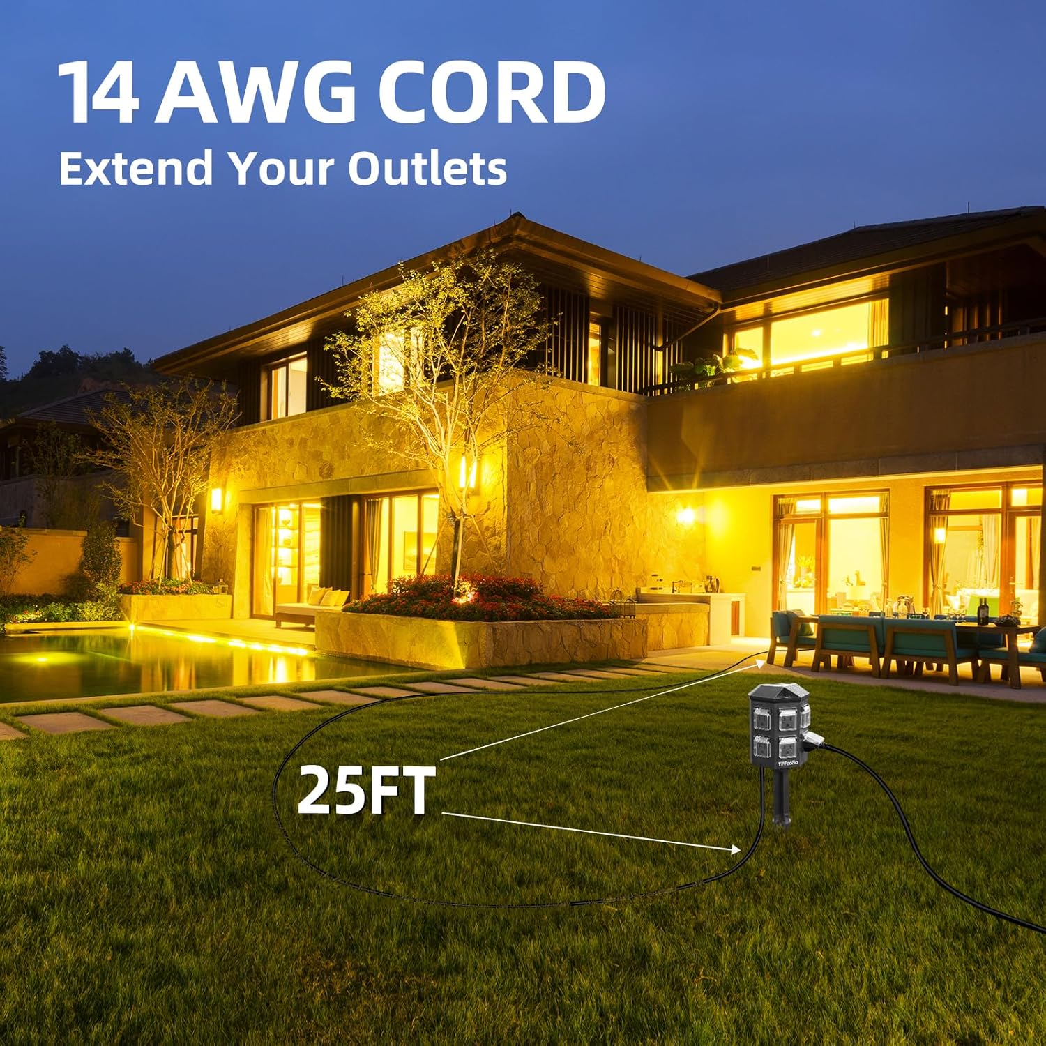 25-foot extension cord extending from the power strip across a lawn to a house