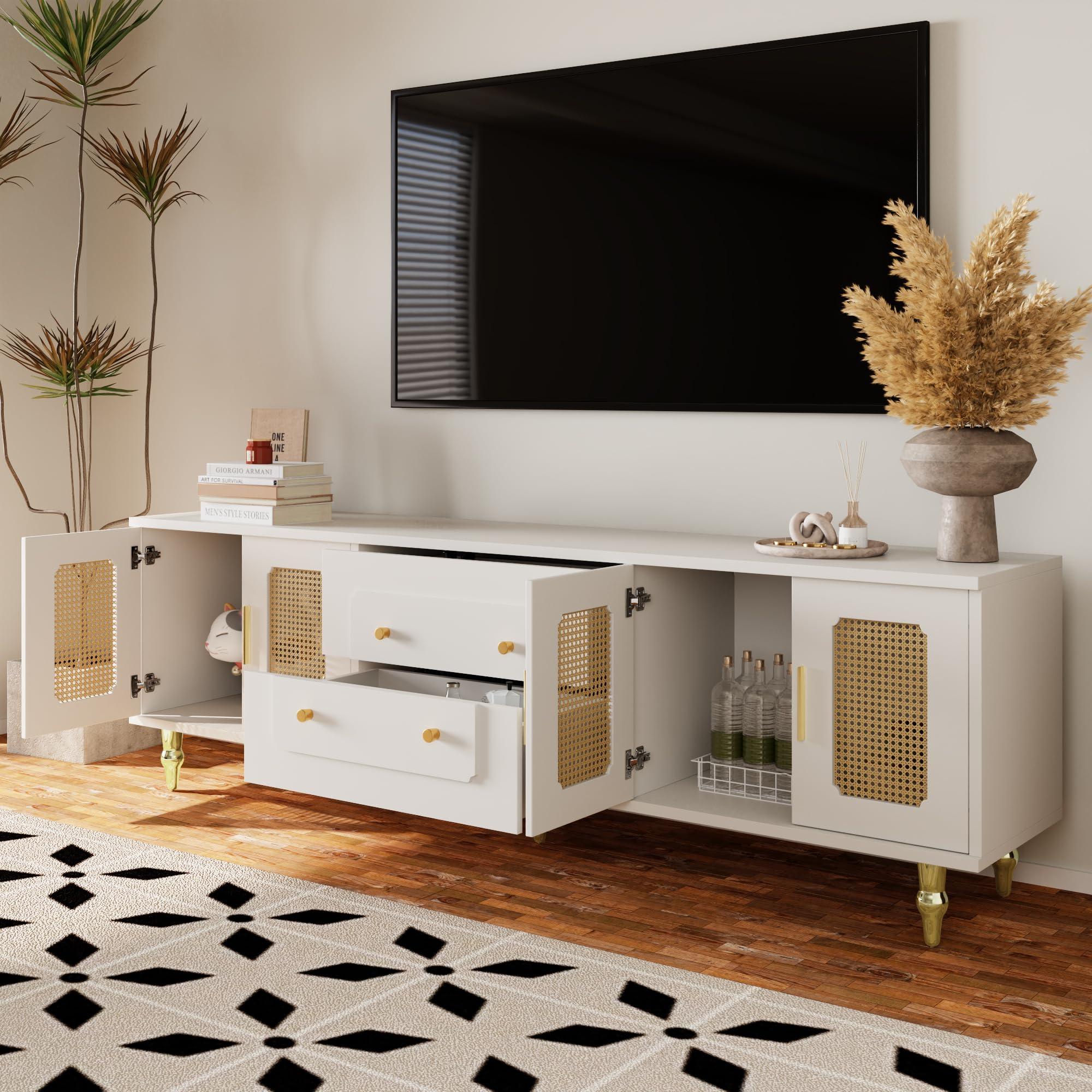 Modulo TV, Mueble de Salon TV, Armario Bajo con Puerta de Ratán, Moderno Estilo Rústico Mueble para Salon con Patas de Metal y 2 Cajones, para Televisión de 70-79 In, 175x38x55.5 cm (Blanco)