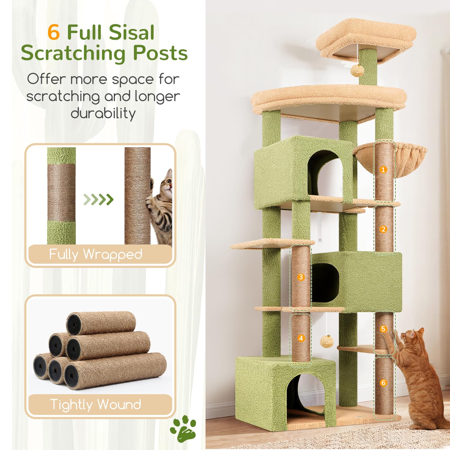 Globlazer Tiragraffi per Gatti Cactus Verde XXL Alto 203 cm con 3 Grandi Grotte 45*30*30CM, ExtraLarge Piattaforma, Cesto, Trespoli, Giocattoli, Albero Stabile per 4-6 Grandi Gatti Adulti (S80, Verde)