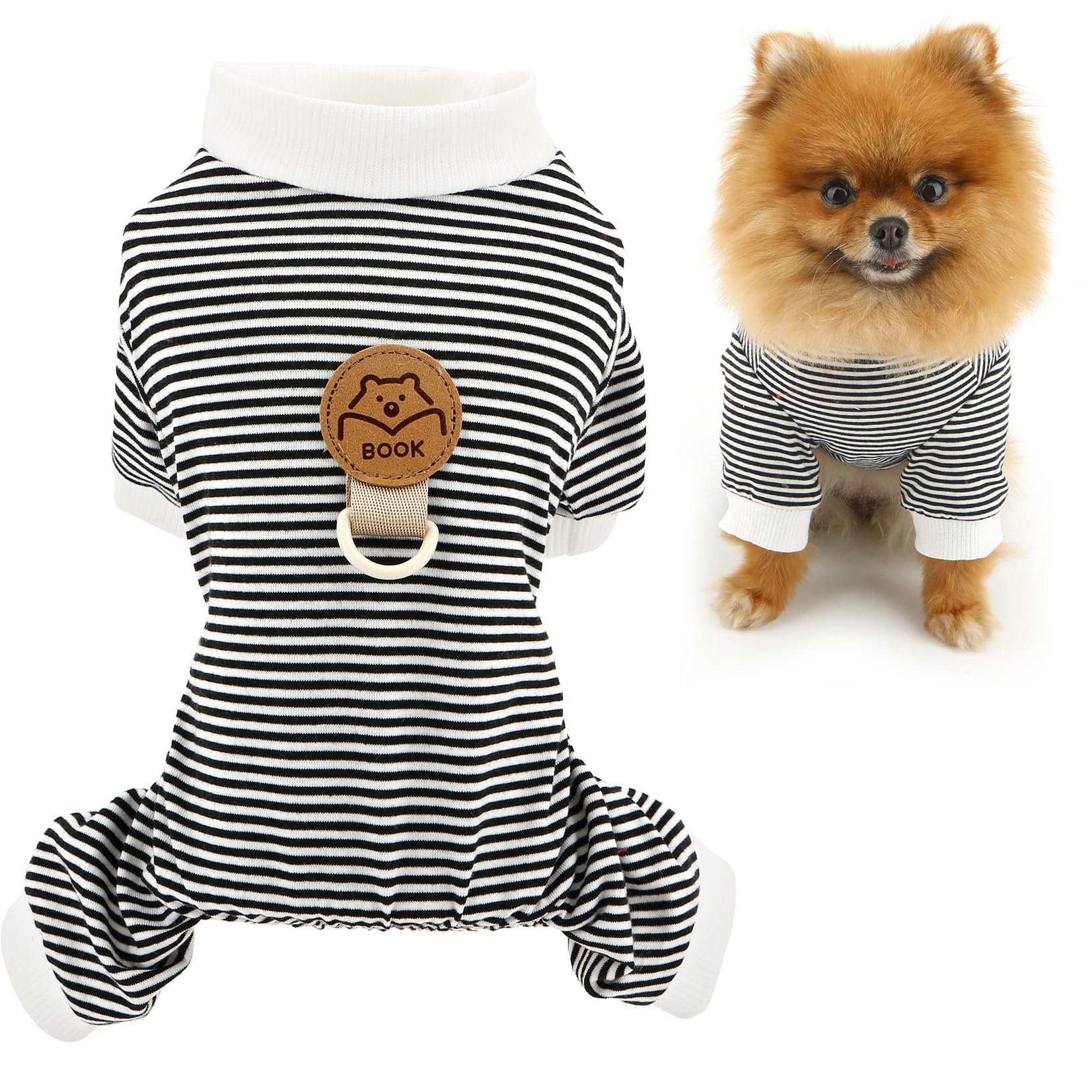 SMALLLEE_LUCKY_STORE Striped Dog Pyjamas for Small Dogs Pet Jumpsuit with D-ring and Patch Puppy Pajamas Stretchable Pjs Summer Spring Clothes Chihuahua Yorkie Cat Apparel, Black, M โ image 1