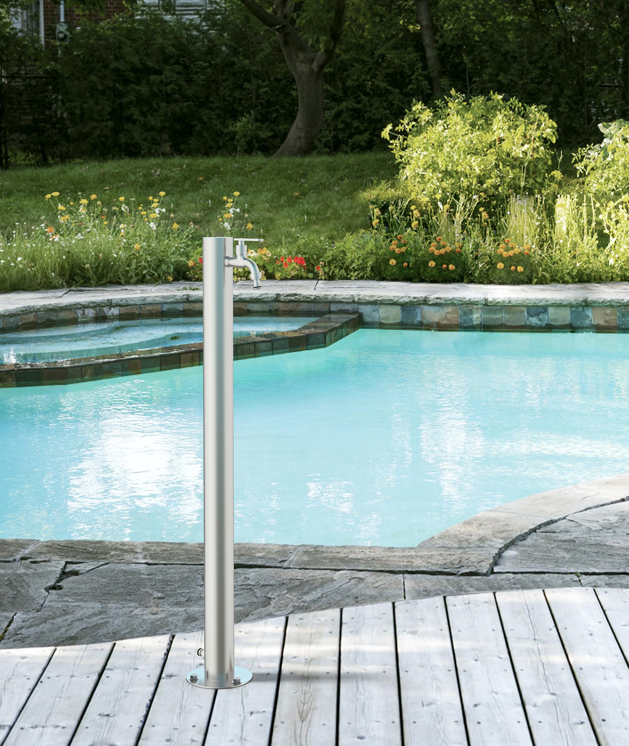 Edelstahl Wasserzapfsäule 93 cm Garten Wasserhahn Säule Ø 63 mm Edelstahl 304 gebürstet 2 Auslässe verdeckter Wasserzulauf stabile Bodenmontage Zapfstelle für Garten & Terrasse