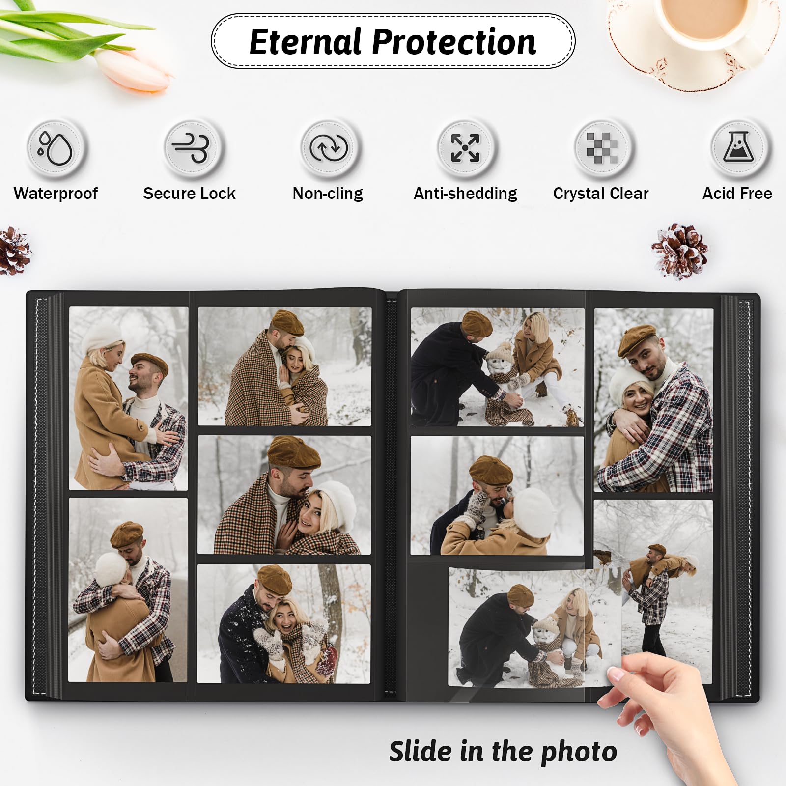 Popotop Álbum de fotos de 4 x 6 pulgadas con tapa dura de cuero como regalo de boda, aniversario, libro de recuerdos de bebé con bolsillos verticales y horizontales para familia, pareja con diseño de