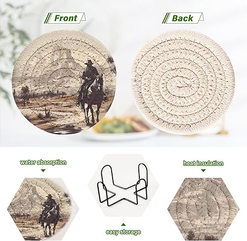 Miniatura 4 de Western Cowboy - 6 posavasos absorbentes para protección de mesa, hechos a mano, redondos, tejidos, con soporte y resistente al calor al agua,