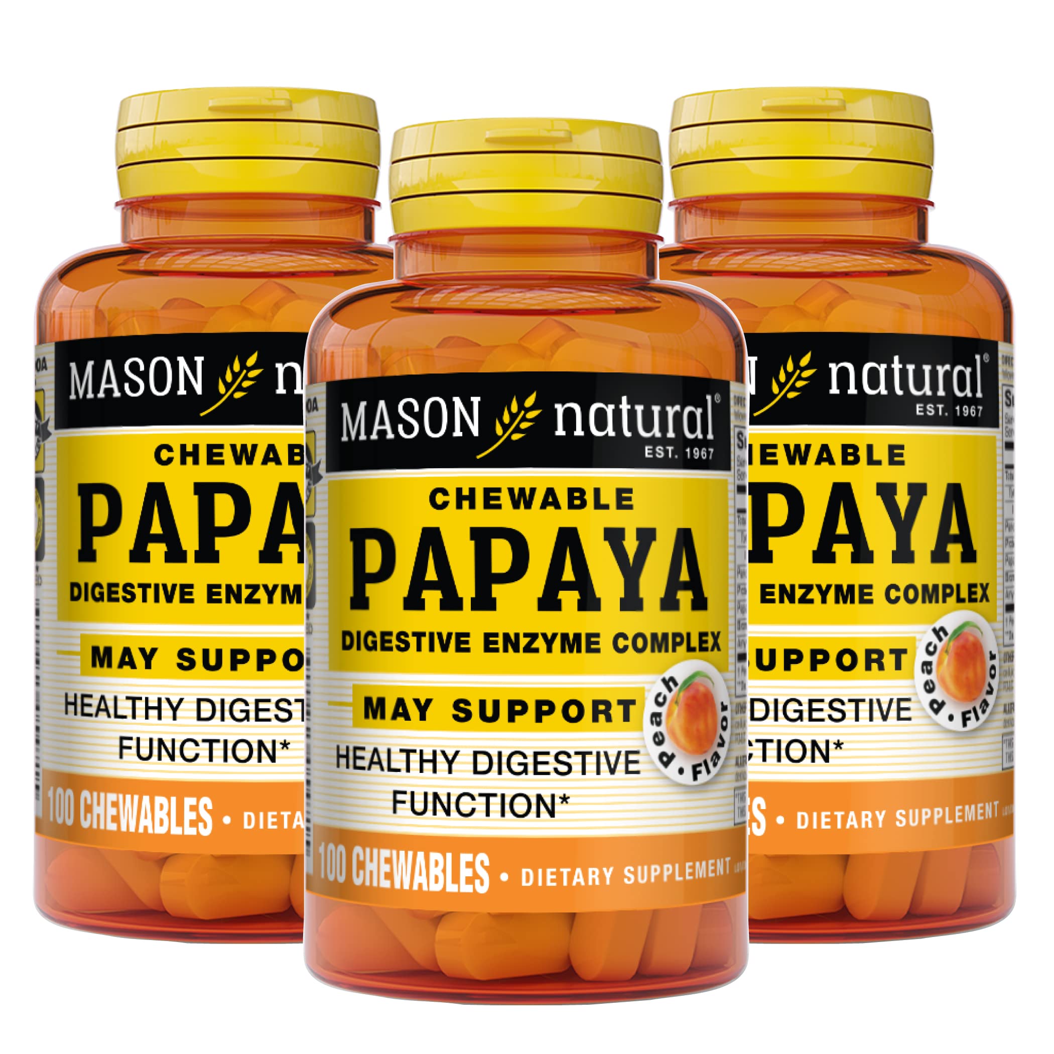 MASON NATURAL Papaya Digestive Enzyme Complex, Healthy Digestive Function, Promotes Nutrient Absorption, Peach Flavor, 100 Chewables (Pack of 3) 100 Count (Pack of 3)