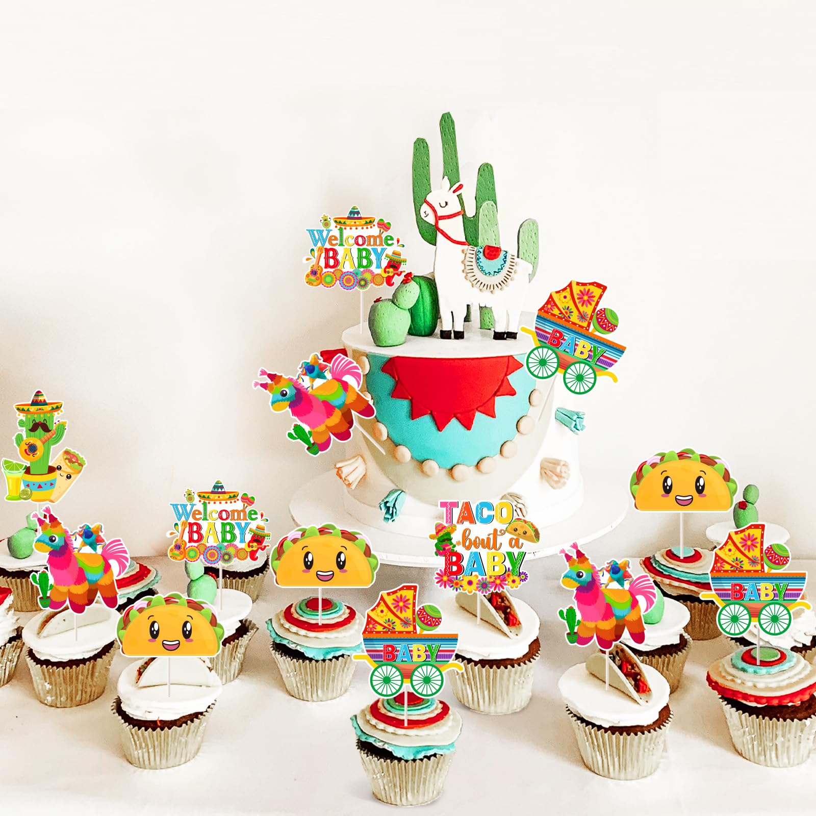 JOYMEMO 36 Pcs Taco Bout a Baby Cupcake Toppers - Mexican Fiesta Baby Shower Decorations, Double Sided Paper Taco Bout a Baby Cake Decor for Pregnancy Celebration Newborn Party