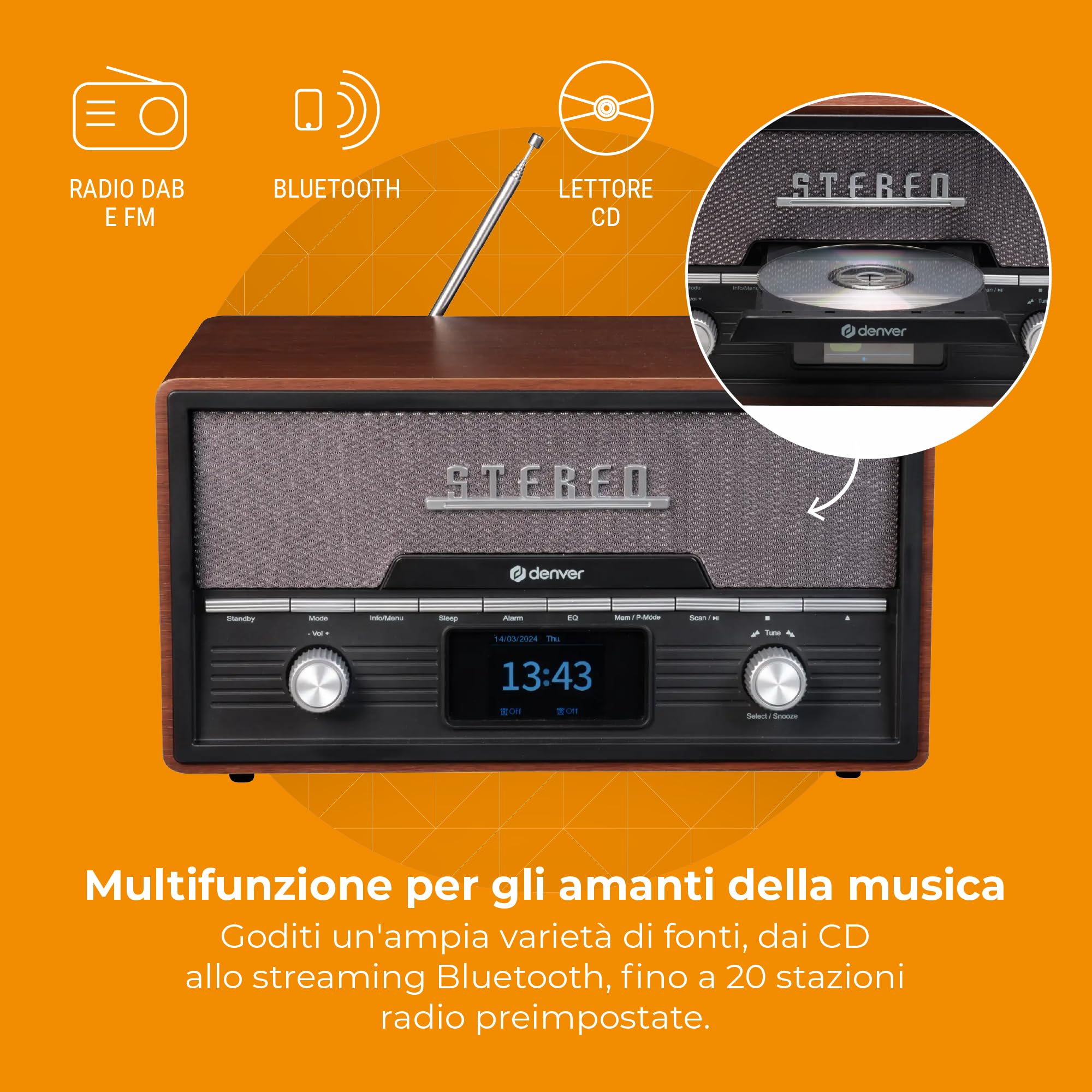 Denver Retro Dab+/FM Radio con CD/BT/USB MDA-525DW