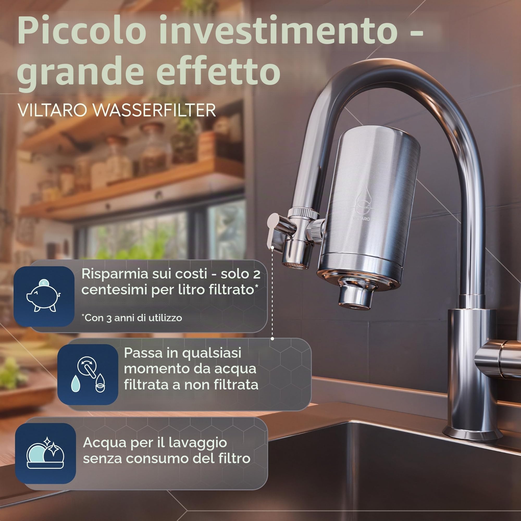VILTARO Filtro acqua rubinetto – filtro a carbone attivo, rubinetto con cartuccia, senza BPA, in acciaio inox, facile da montare, rimuove le sostanze nocive