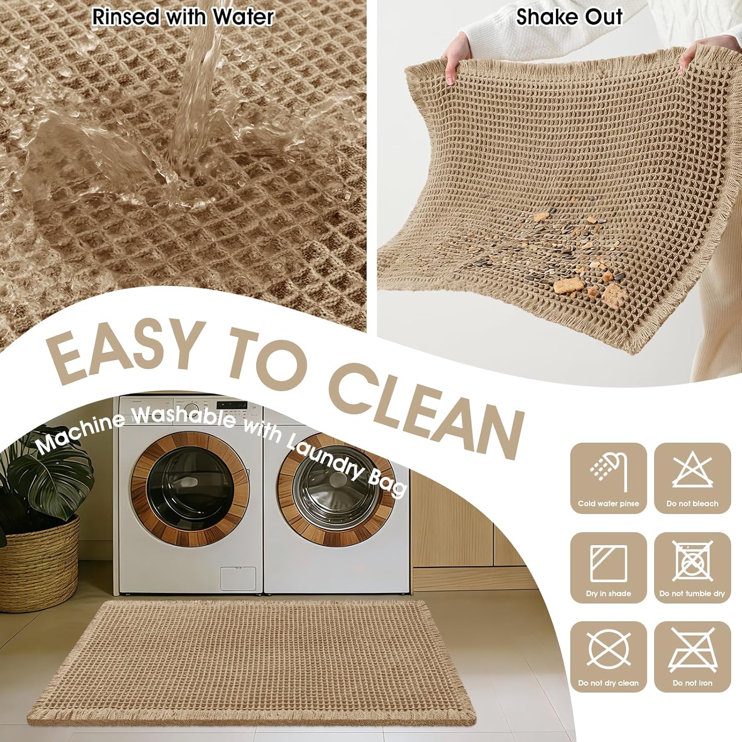 Upgraded Waffle Bath Mat Set 3 Piece Beige, Super Absorbent Non-Slip Quick Dry Bathroom Rugs with Tassels, Machine Washable Ultra Soft Boho Bath Rugs for Floor, Toilet Mats Boho Farmhouse Decor
