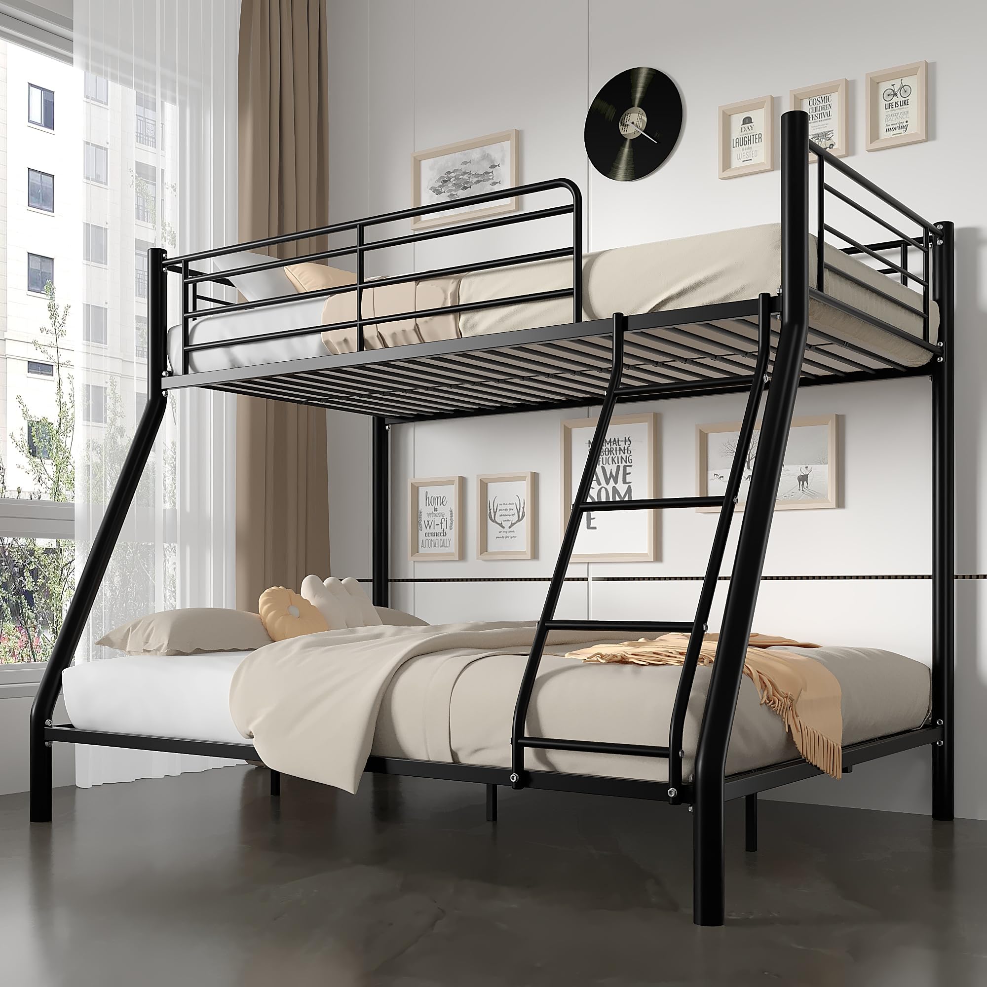VECELO Bunk Bed Twin Over Full, Metal Bunkbeds with Ladder and Full-Length Guardrail, No Box Spring Needed, Space Saving, Noise Free, Black
