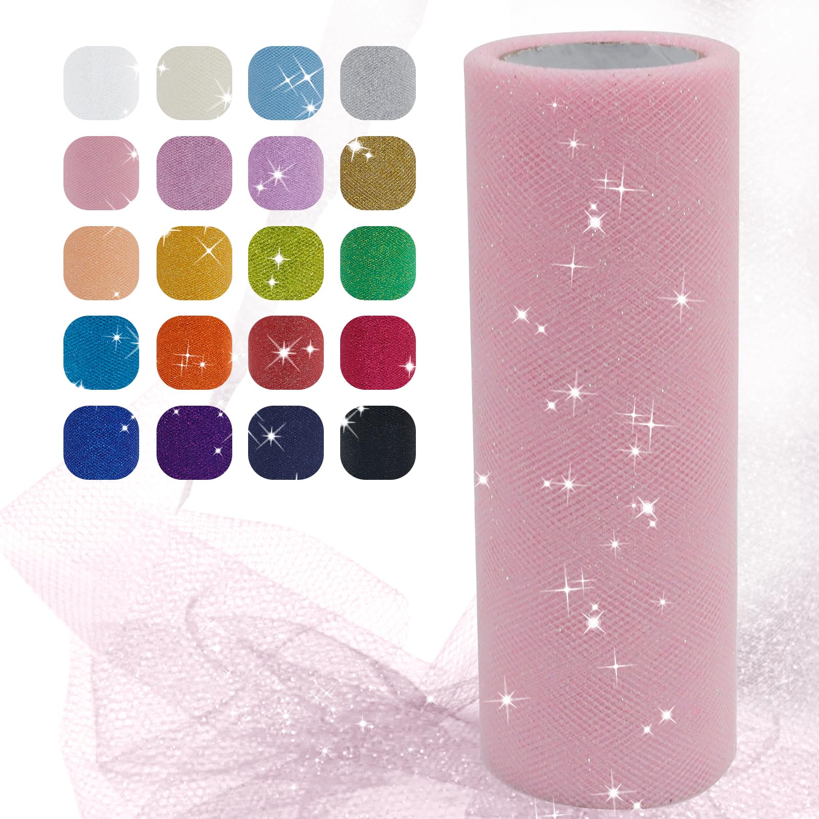 Uiopa Pink Sparkle Tulle Roll, 6" x 25 Yards Polyester Glitter Netting Fabric Tulle Ribbon DIY Fabrics for Tutu Skirts Dress Wedding Party Decor Gift Wrapping DIY Crafts