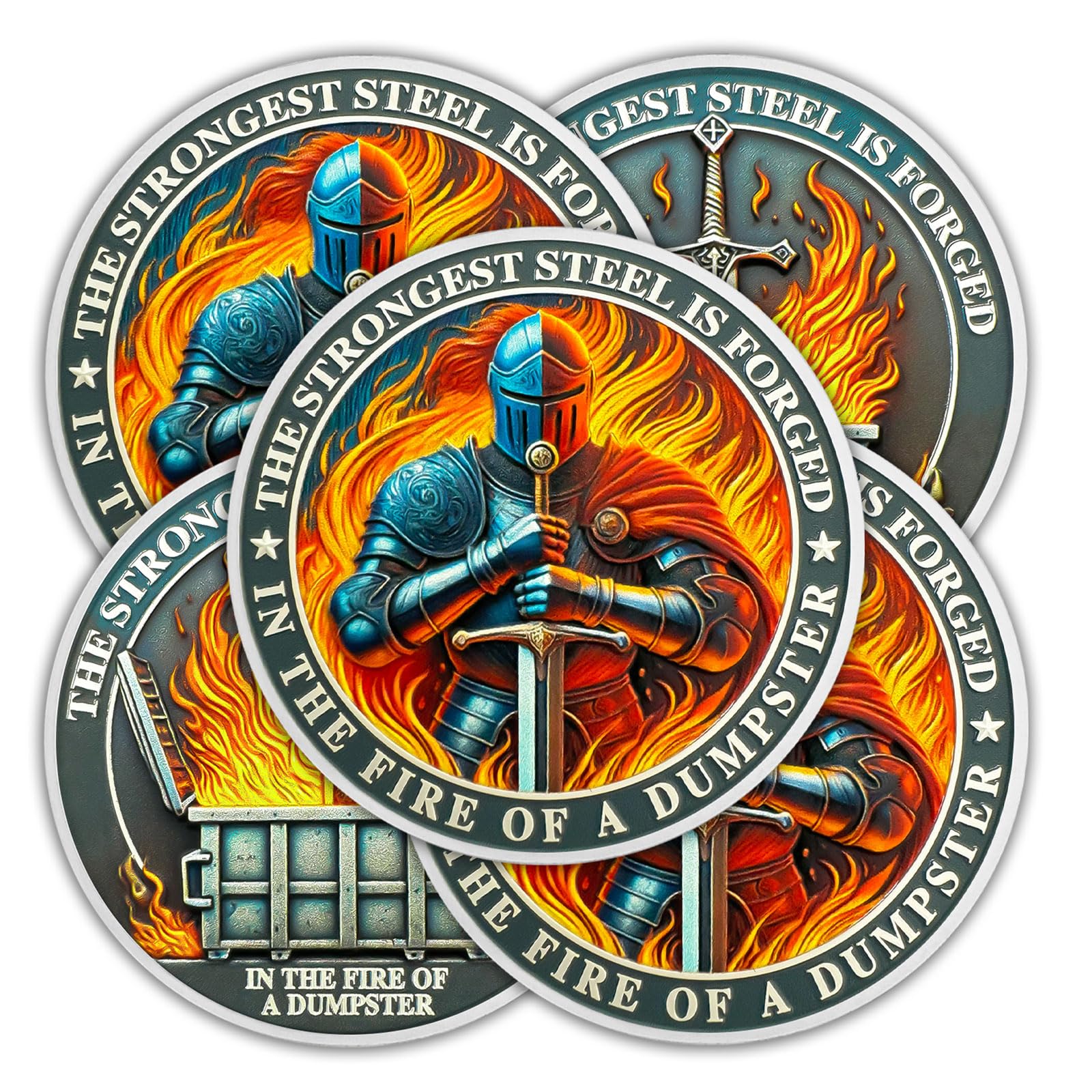 5Pcs Knights Dumpster Fire Coin, Knight's Sword Dumpster Fire Challenge Coin, Funny Office Desk Accessories