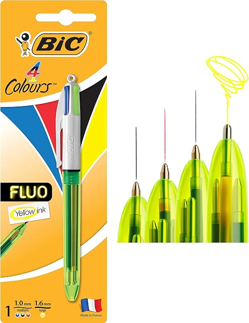 BIC 4 Colours Fluo Ballpoint Pen Black, Blue, Red and Fluorescent Yellow Ink Colours 1 Pack