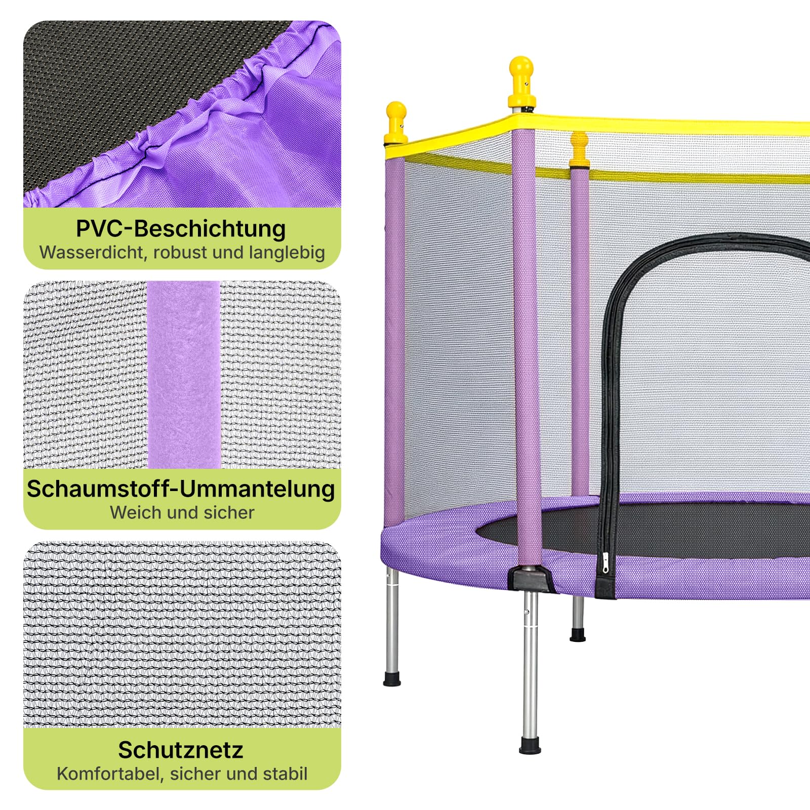 Kinder Trampolin Gartentrampolin 140cm mit Sicherheitsnetz, Bodentrampolin Outdoor Trampolin für Garten, belastbar bis 90kg, sicheres Kindertrampolin mit Stabiler Konstruktion