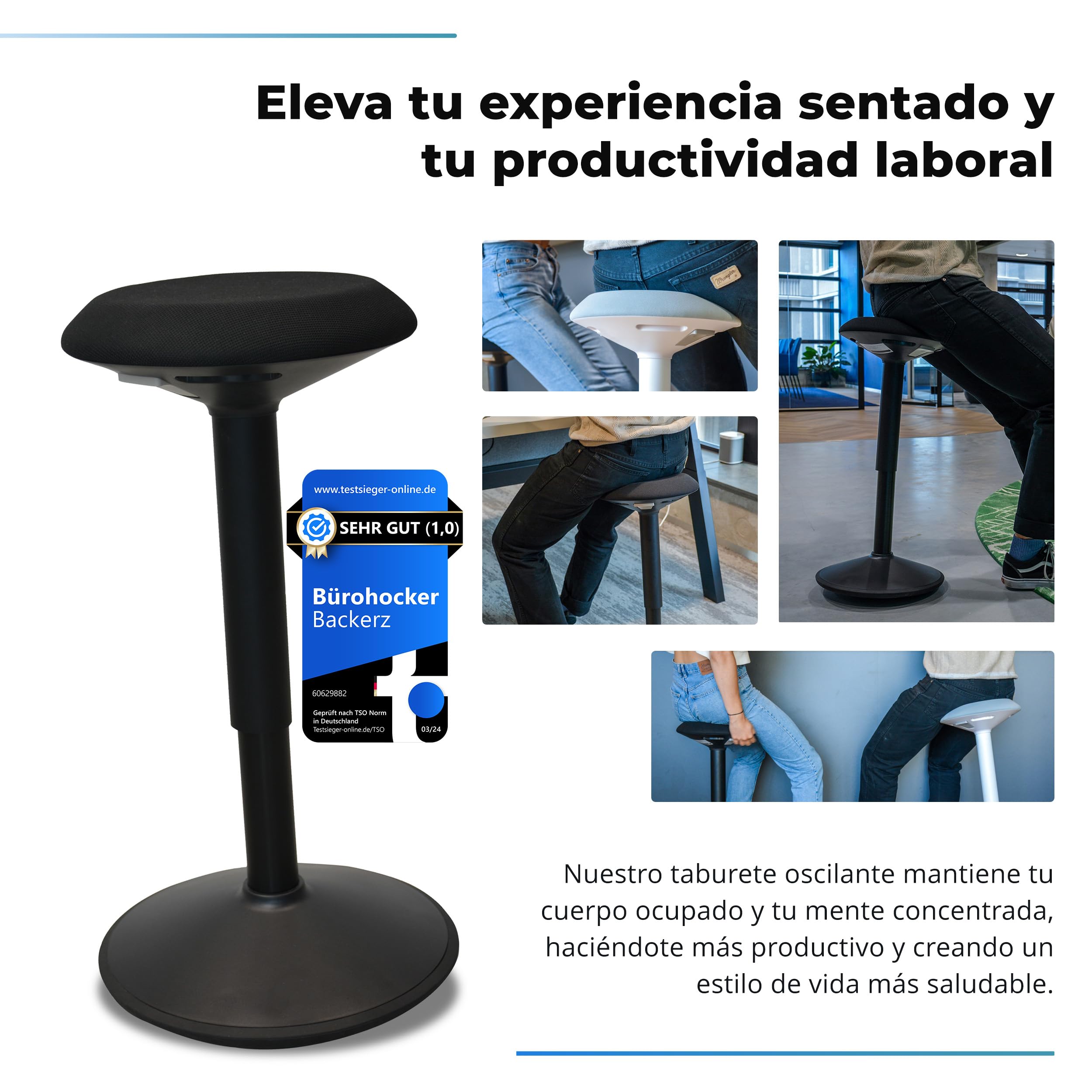 Backerz Taburete Silla Escritorio - Silla Oficina Ergonómica con Altura Regulable de 55 a 80 cm - Taburete Silla Ergonómica con Efecto Columpio Revestido con Tela Repelente al Agua, Negro Mate