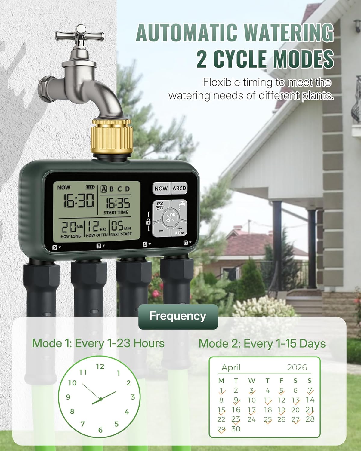 4 Zone Brass Sprinkler Timer, Garden Hose Timer, Automatic Irrigation System, Programmable Faucet, 4 Outlets, with Rain Delay, Manual Mode,Child Lock, for Yard, Garden, Lawn, Green E14WT06