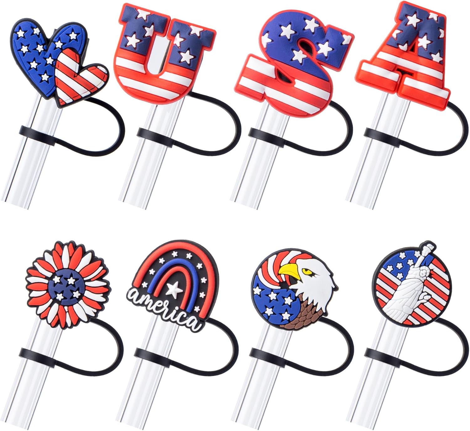 8Pcs 4th of July (USA) Straw Cover Cap for Stanley Cup 40oz/30oz Tumbler, 10mm Reusable Cute Drinking Straw Topper Accessories, Portable Protector Plugs Decorations Gifts for Party Favors