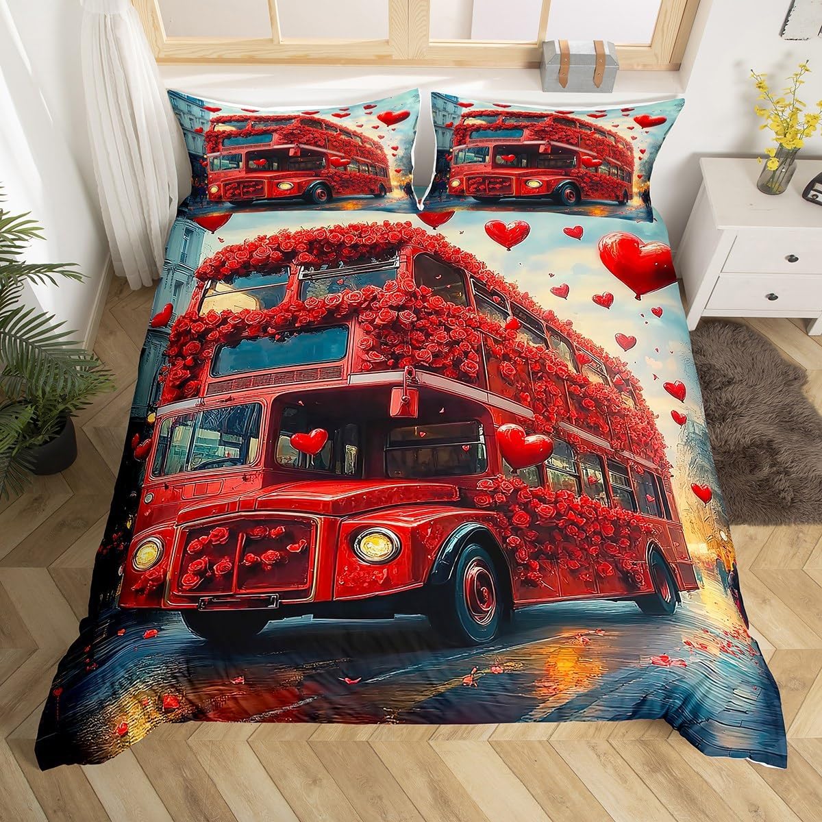 Bus Duvet Cover Set Toddler Size,Roses Flowers Love Heart Valentine's Day Romantic Bedding Set,Girls Women Room Decor,Public Transportation Comforter Cover,Red Quilt Cover,1 Pillowcase,No Filler
