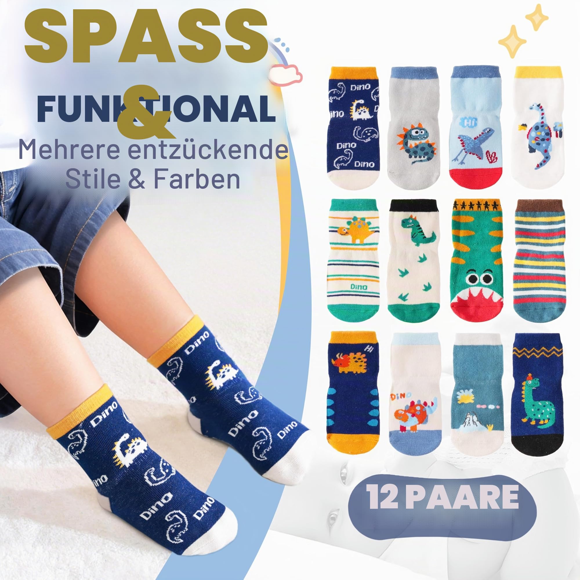 ANTSANG Stoppersocken Kinder für Mädchen Jungen Kleinkind Greifer Socken, Crew Baumwolle Antirutsch, 12 Paar