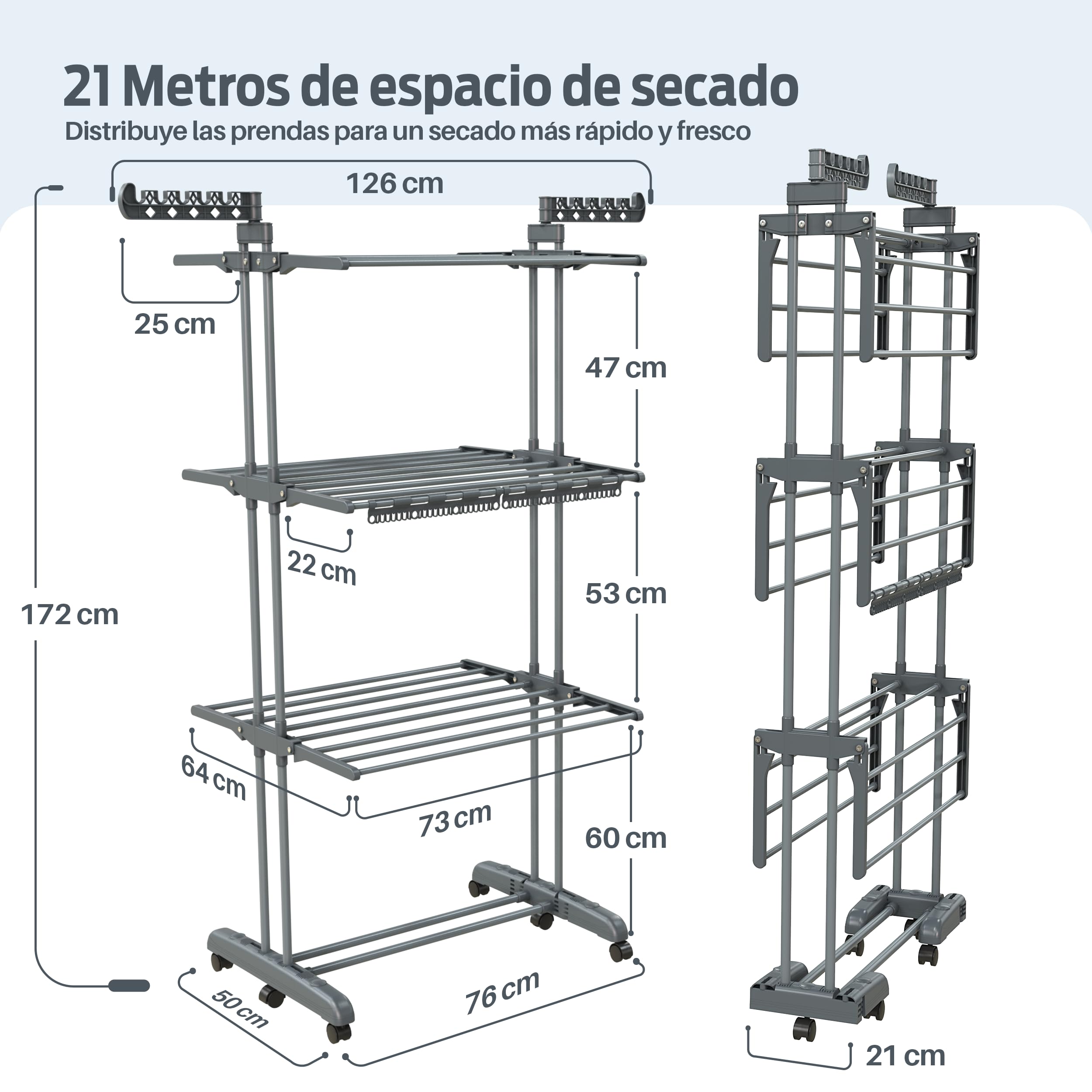 PORTENTUM Tendedero Vertical Plegable con 4 Niveles y 24 Barras de Secado – hasta 40 kg – Tenderete con 2 Accesorios para Calcetines y 2 alas Laterales para Perchas – Ruedas giratorias con Freno