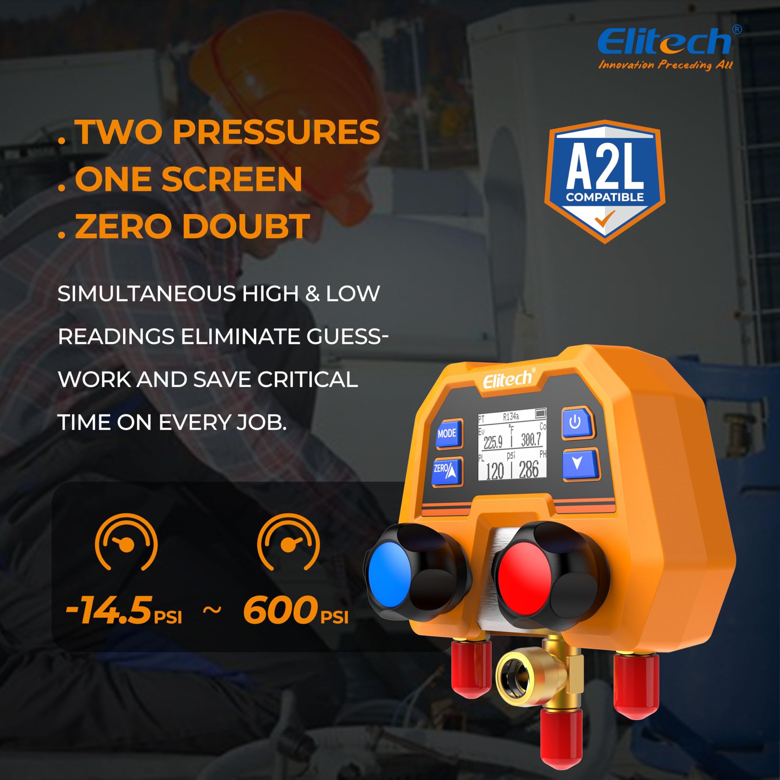 Elitech Digitales Manifold-Messgerät für 88 Kältemittel | Druckmessung von -14,7 bis 600 psi mit Sättigungstemperatur-Anzeige | ±1% Genauigkeit, LCD-Display, Auto-Off & IP54 für Kfz und Industriekälte