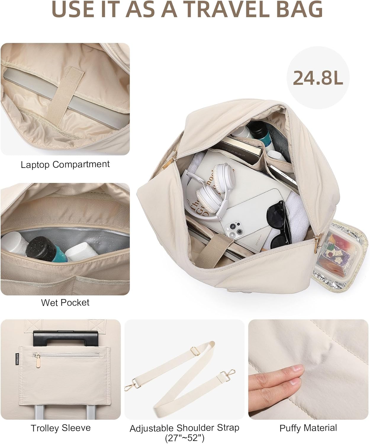 Lunch Tote Bag for Women Work, 17.3 Inch Laptop Purse with Insulated Lunch Compartment Coin Wallet for Meal, Large Puffy Quilted Travel Duffle Bag Beige - Image 6