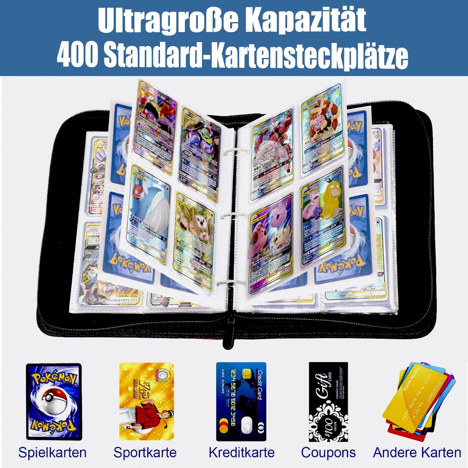 Album di raccolta per carte Pokemon, 400 carte da collezione, 4 tasche, 50 pagine, in pelle PU, impermeabile, regalo per bambini