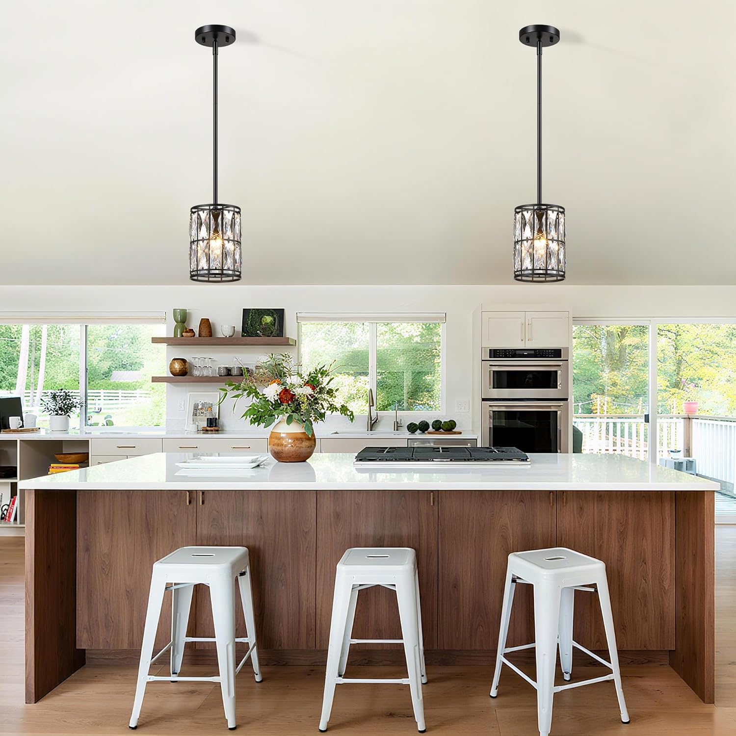 Modern Crystal Pendant Light Fixture 2-Pack Matte Black Finish Hanging Lighting Crystal Chandelier for Living Room, Kitchen
