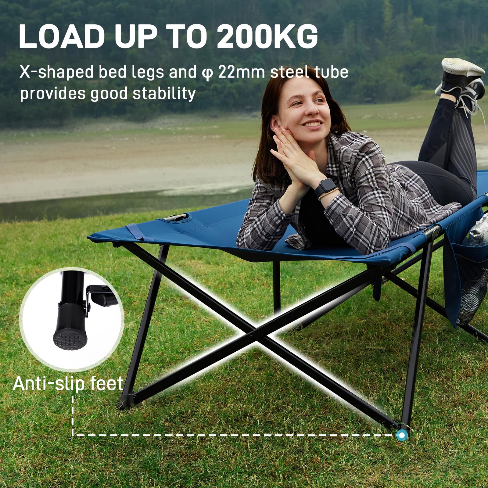Lit De Camp Pliable XL EVER ADVANCED - Charge 200 Kg - 214 X 79 X 50 Cm Avec Poche Latérale