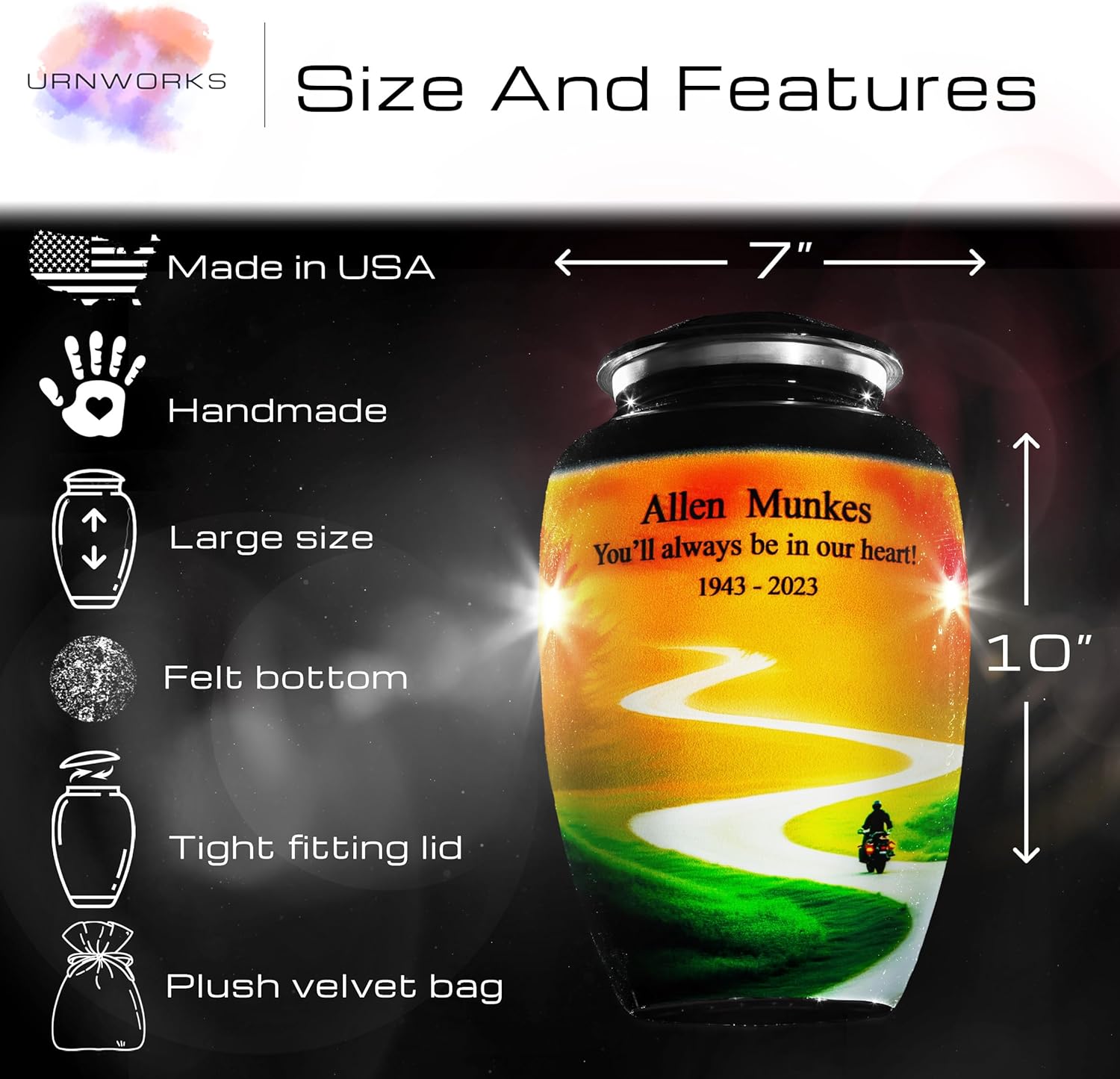 Personalized Motorcycle Urn for Human Ashes - Made in U.S.A, Aluminum, Black, Motorcycle Pattern, Large Decorative Urn