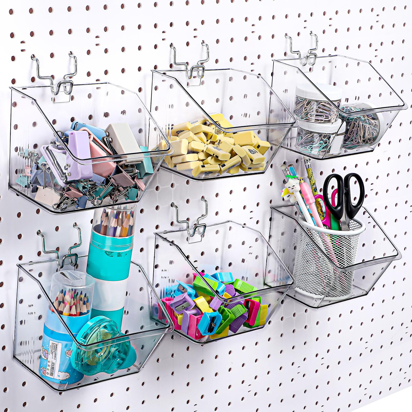 Suzile Stecktafel-Behälter mit Haken, Behälter, Stecktafelkörbe, Tassen, Organizer, Zubehör für Klassenzimmer, Büro, Garage, Werkstatt, Bastelaufbewahrung, transparent, 6 Stück
