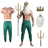 MCJC Halloween Poseidon Costume Set, 5 Piece Sea God Kit with Mermaid Pants, Muscle Shirt, Trident, Crown and White Beard
