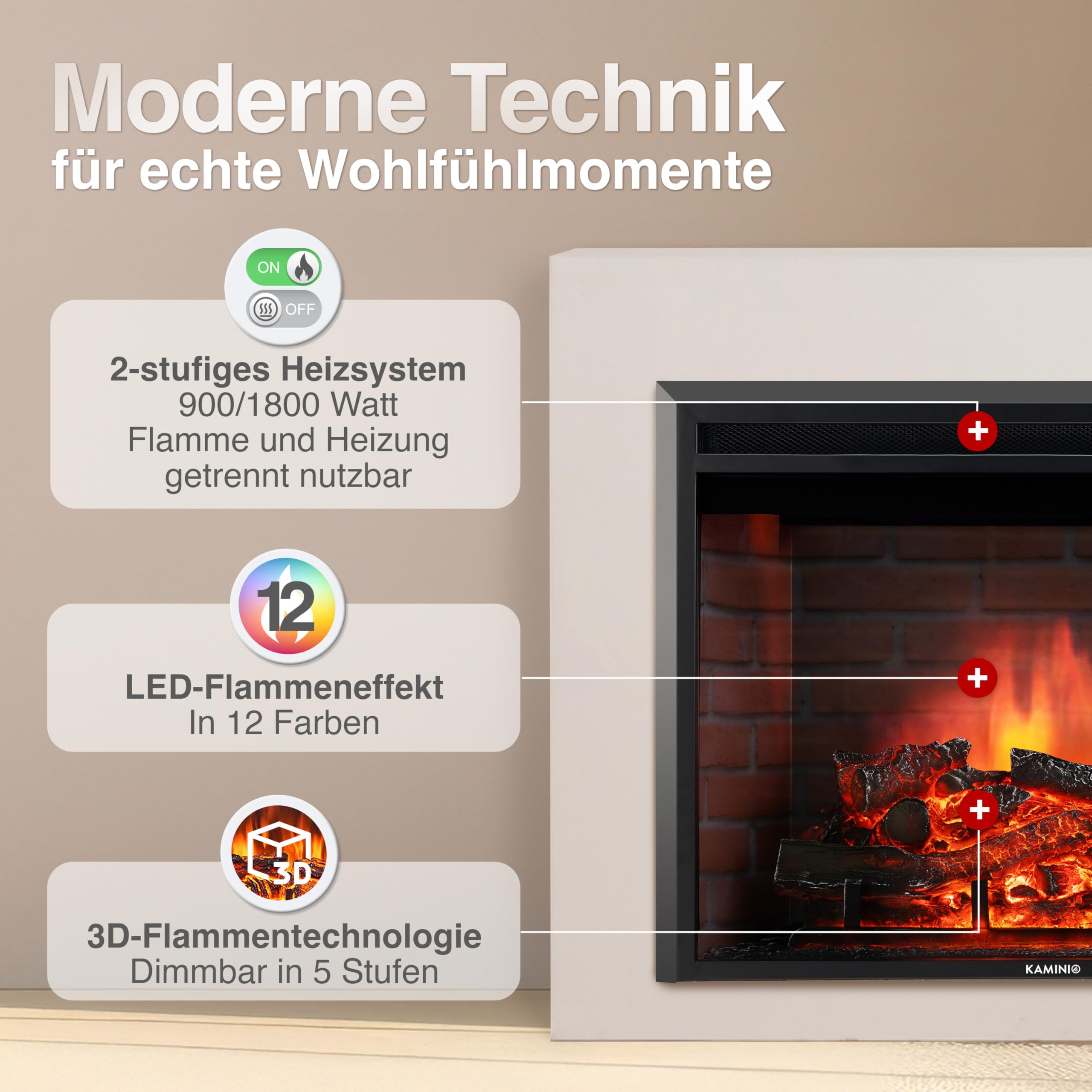 KAMINIO Elektrokamin Luca - Elektrischer Einbaukamin mit Heizung, 3D-Flammeneffekt, 12 Flammenfarben, Fernbedienung - 30 Zoll