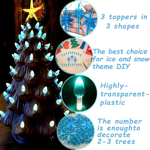 Miniatura 31 de Luces de repuesto de cerámica para árbol de Navidad, adornos de luz multicolor mediana para árbol de cerámica (117 bombillas + 5 estrellas superior)