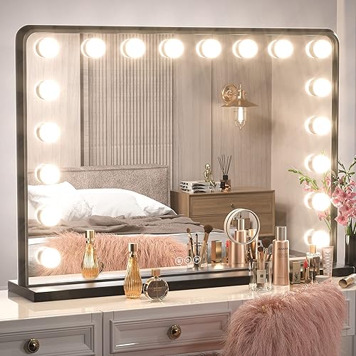 Vista 39 de Keonjinn Espejo de tocador negro con luces, 15 bombillas reemplazables, espejo de maquillaje Hollywood con 2 bombillas de repuesto, 3 luces