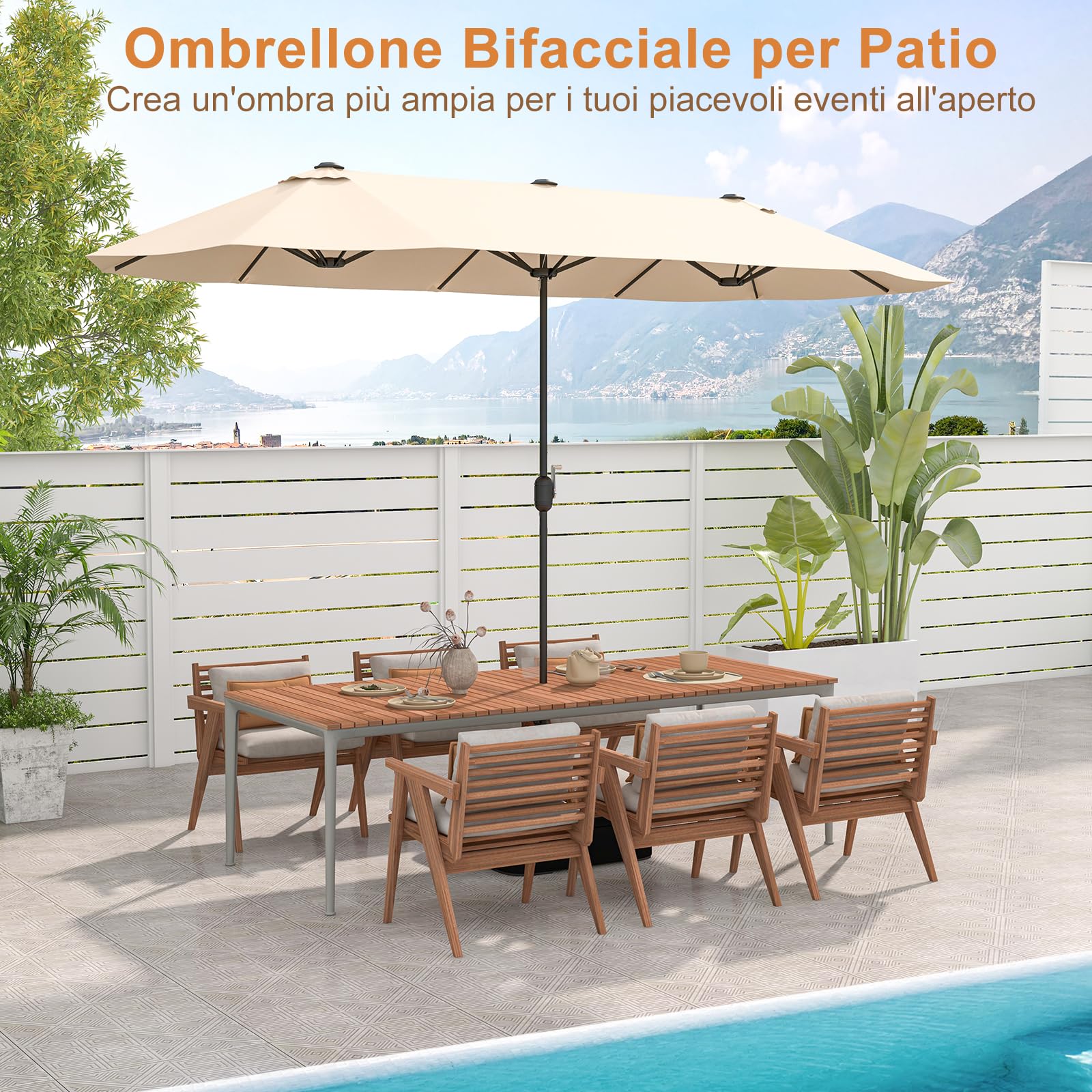 GYMAX Ombrellone Doppio da Giardino con Base, 4 x 2 m, con Manovella e Ventilazione, Ombrellone da Tavolo Extra Grande per Area Piscina, Terrazzo e Cortile