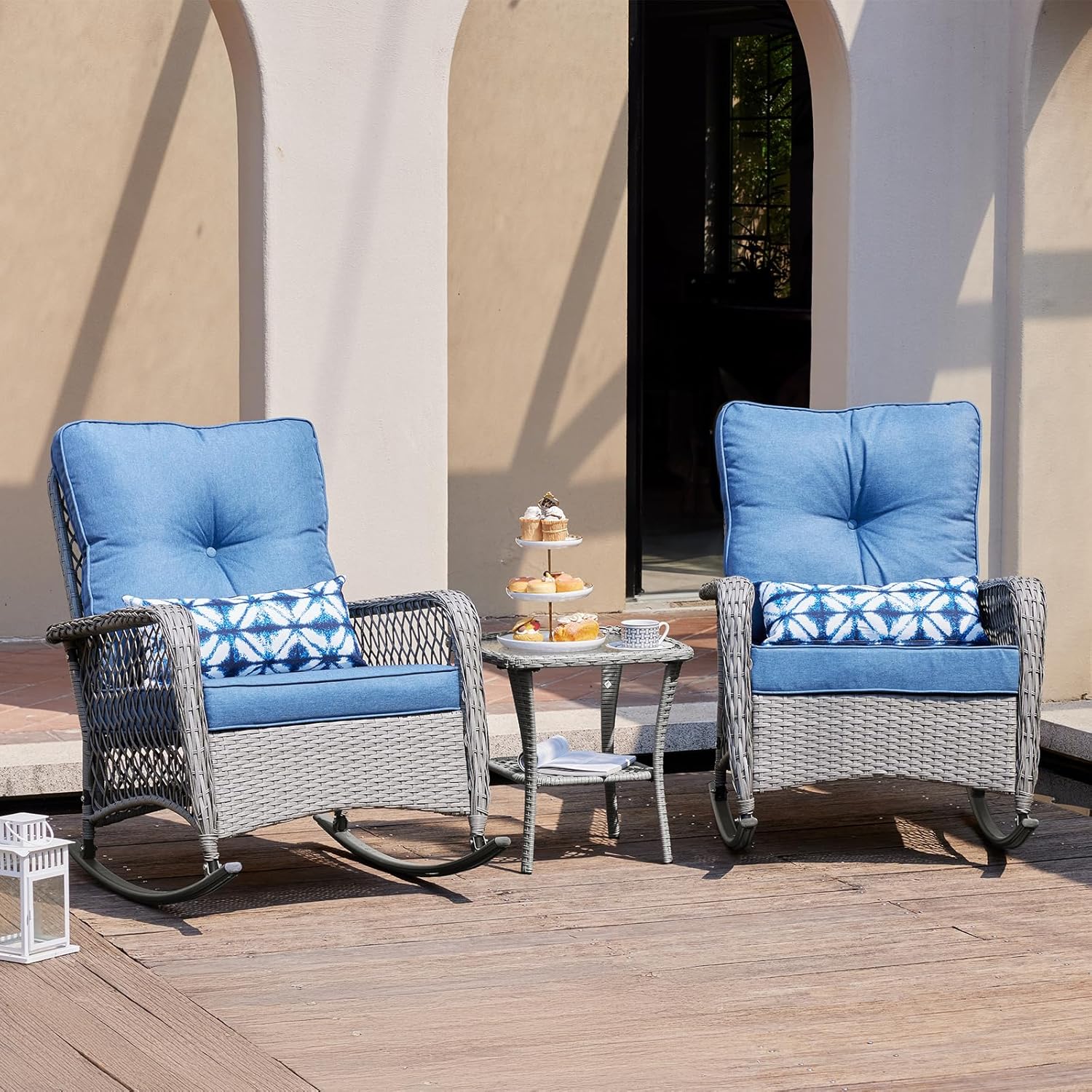 UDPATIO 3 Piece Patio Furniture Set, Wicker Rocking Bistro Set with 2 Rockers, 1 Side Table and 4‘’ Thick Cushions for Backyard, Porch, Balcony, Poolside, Grey/Blue