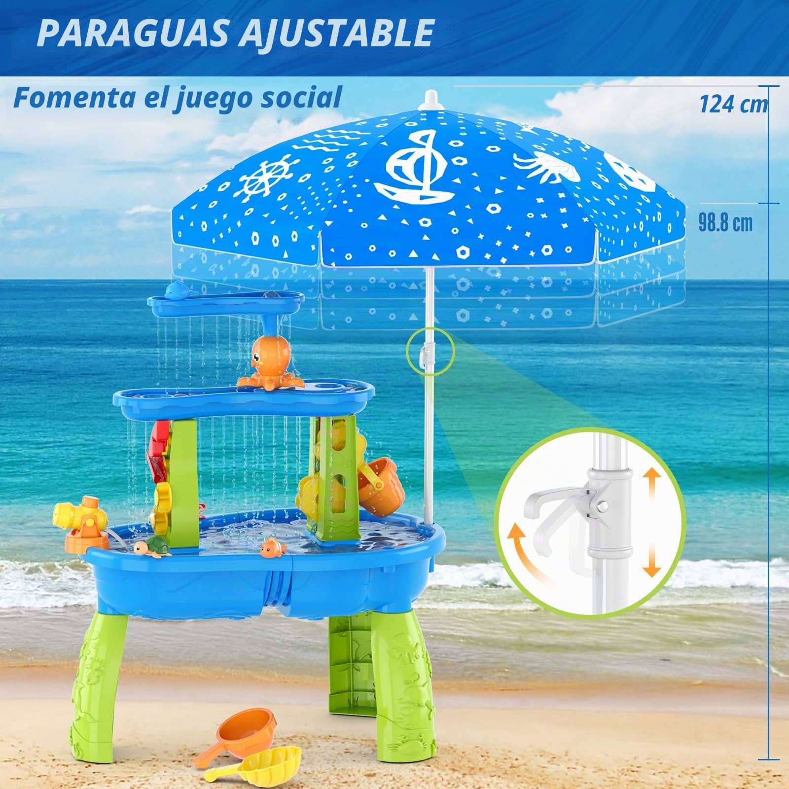 HYES Mesa de Agua para Niños 3 Niveles con Paraguas, Arena, Duchas - Azul