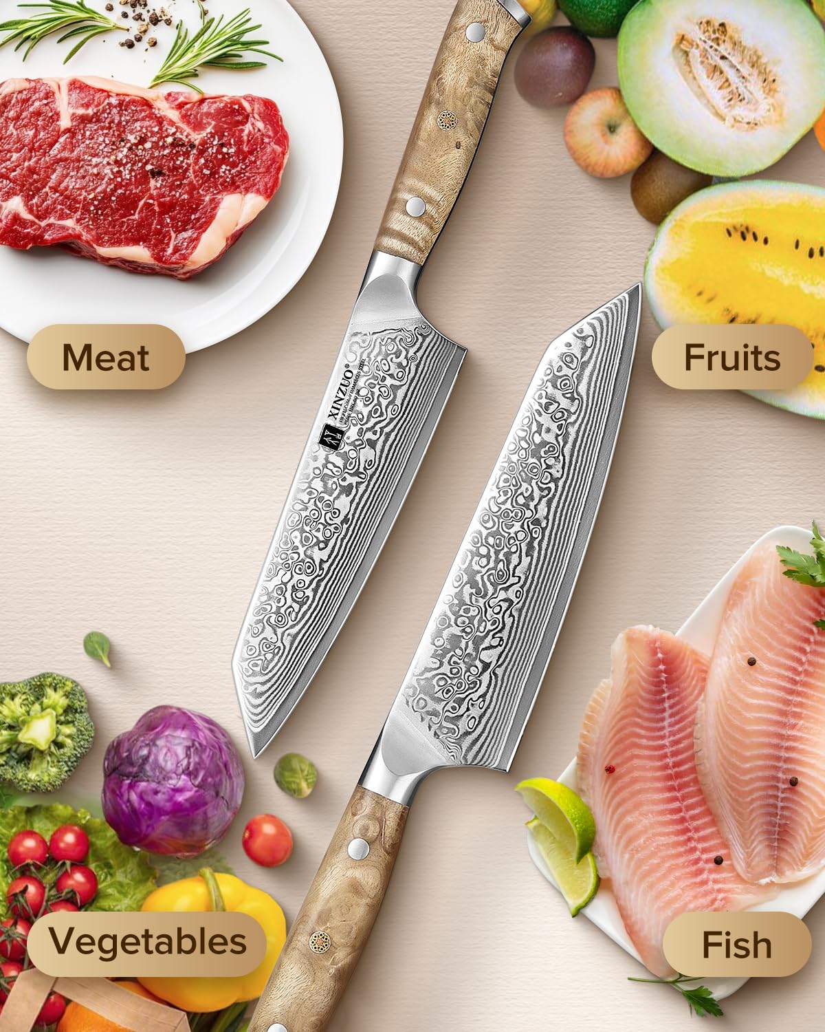 XINZUO Kiritsuke Chef Knife 5.8",Sharp Forged Damascus Stainless Steel Sharp Small Kitchen Knife,For Home & Restaurant,Full Tang Figured Sycamore Wood And Mosaic Copper Rivet Handle — Amazon image 7
