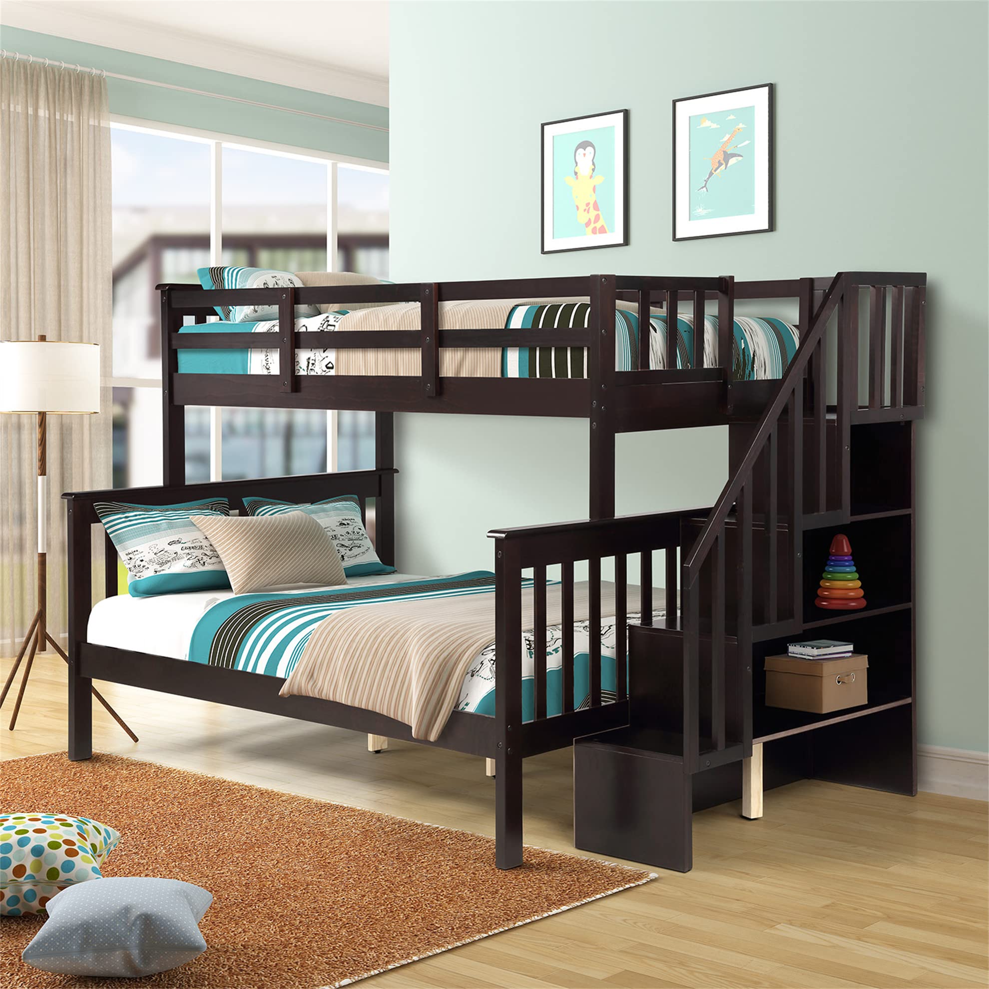 Amazon.com: Harper & Bright Designs Twin Over Full Bunk Bed with Stairs,  Wooden Bunk Bed with Storage Shelf and Safety Guardrails, Convertible to 2  Separated Beds (Espresso) : Home & Kitchen