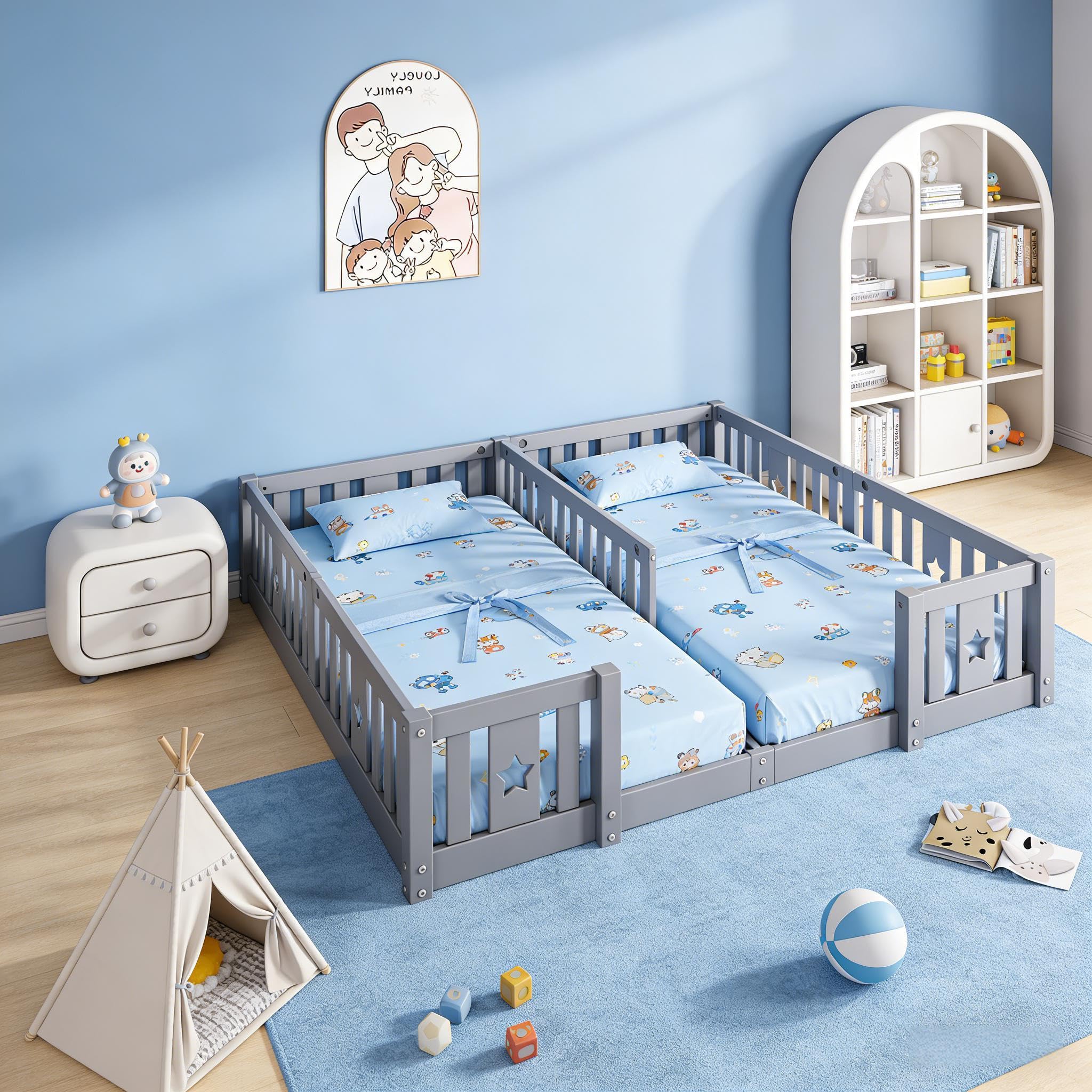 Cama baja de 180x200 cm para 2 niños, cama doble Montessori con barandilla de seguridad, cama baja de 90x200 cm, cama infantil para hermanos, madera maciza (Gris-B01, con somier de láminas, 180x200)