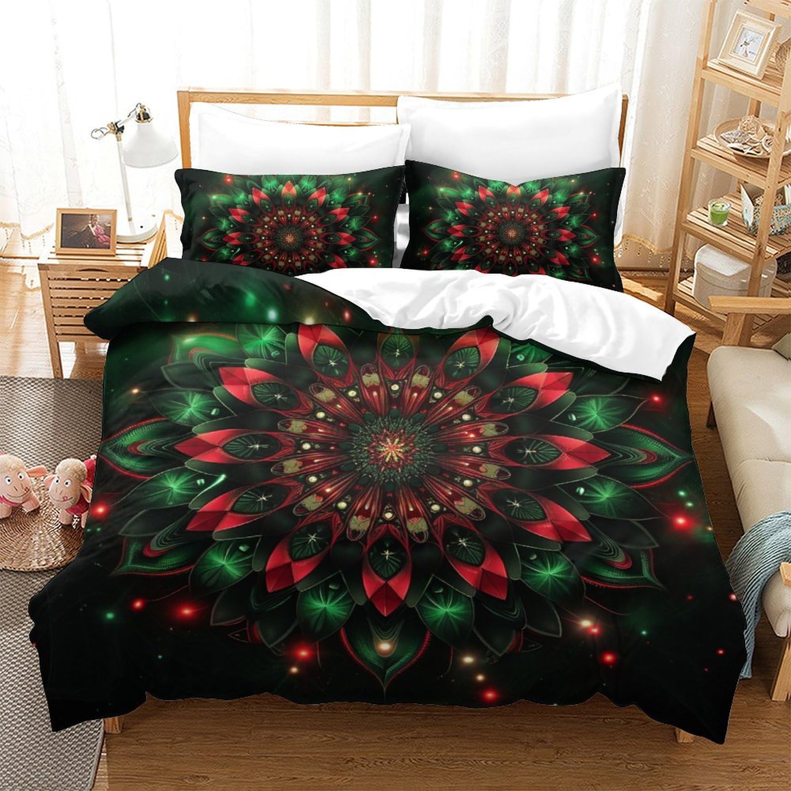 Housse de couette avec taie d'oreiller fleurs rouges 3D lit King 220x240cm microfibre