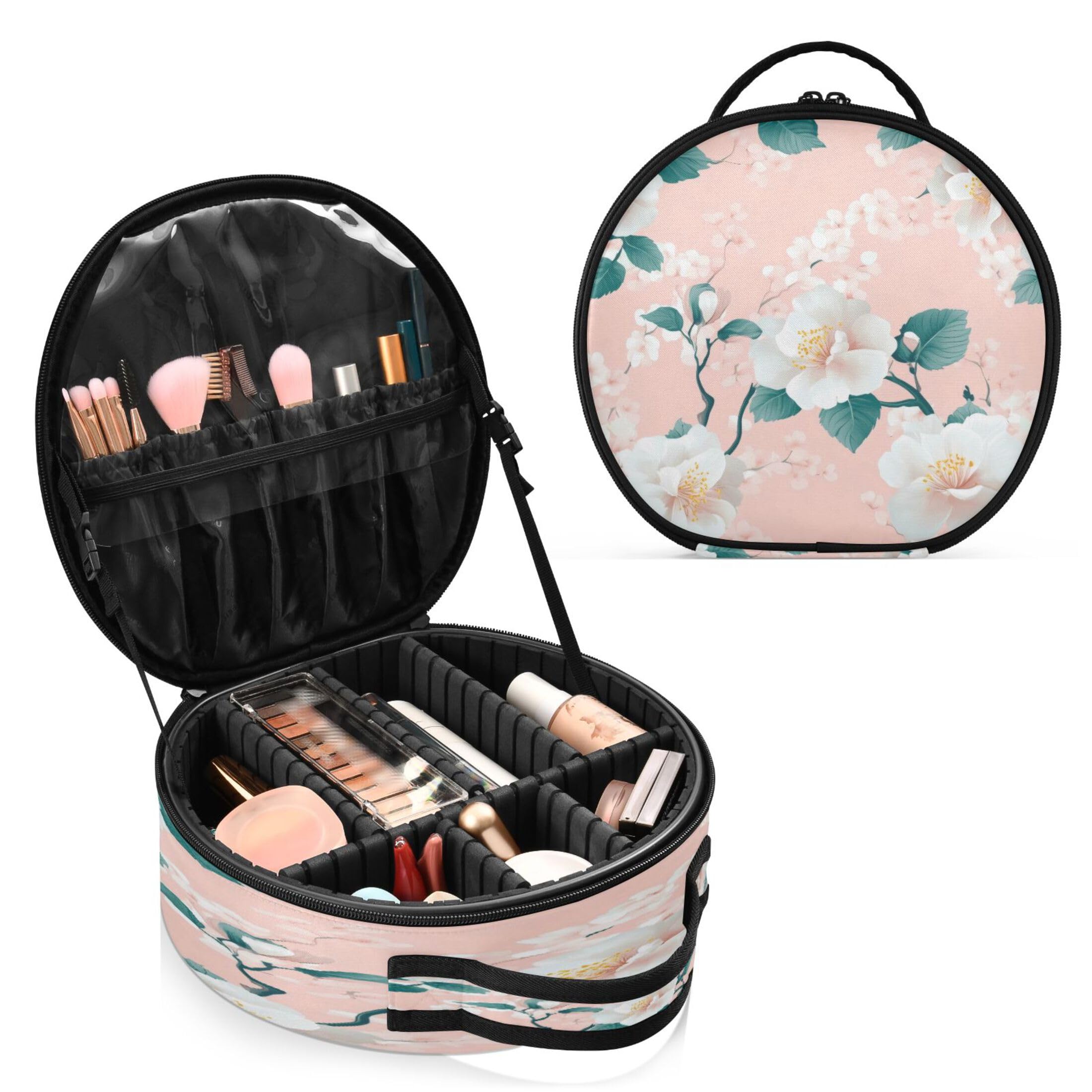 Takiito White Flower in Pink Travel Makeup Case Portable Makeup Box Artist Cosmetic Case Organizer With Adjustable Dividers