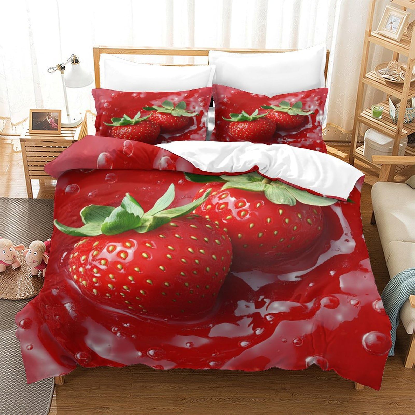 P1s9u7w5y Strawberry 3D Printed Design Duvet Cover Set 3Pcs Microfiber Fruit Bedding Set King（220X240cm）