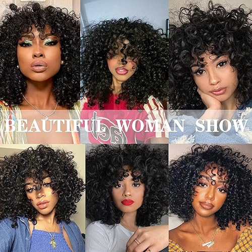 Miniatura 6 de Peluca rizada estilo afro para mujer, fibras sintéticas resistentes al calor (color negro, tamaño 16 pulgadas) con flequillo y casquillo de peluca