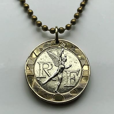 1990 France 10 Francs coin pendant necklace Genie de la Liberte Paris July Column French Spirit of Freedom sculpture Trois Glorieuses Marseille Lyon Toulouse Lille Rennes Reims Le Havre n000128