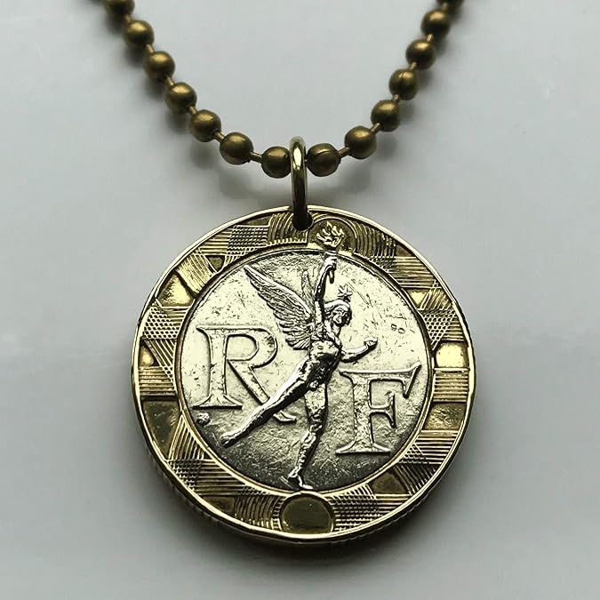 1990 France 10 Francs coin pendant necklace Genie de la Liberte Paris July Column French Spirit of Freedom sculpture Trois Glorieuses Marseille Lyon Toulouse Lille Rennes Reims Le Havre n000128