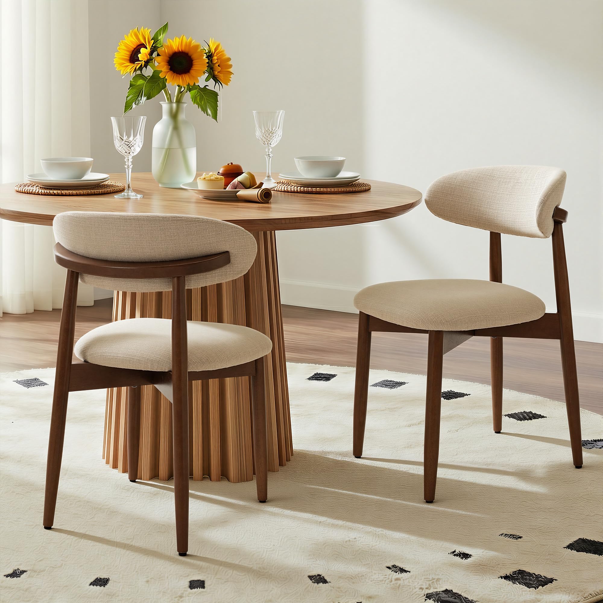 COLAMY NOYA Mid-Century Wooden Dining Chair Set of 2, Upholestered Kitchen Chairs with Padded Seat, Modern Side Dining Chair for Dining Room & Kitchen, Beige