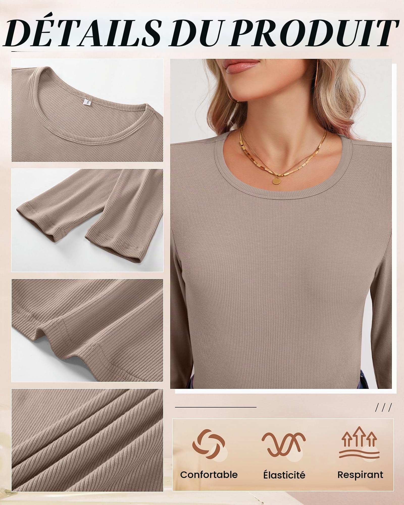 Ficerd Lot de 3 débardeurs côtelés à Manches Longues pour Femme, col Rond, Coupe ajustée, en Maille Extensible, à superposer